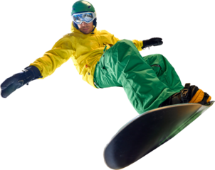 Young athletic man dressed modern, bright yellow and green snowboarding clothes performing tricks in action against transparent background. Low angle. Concept of extreme sport, energy, speed, fashion.