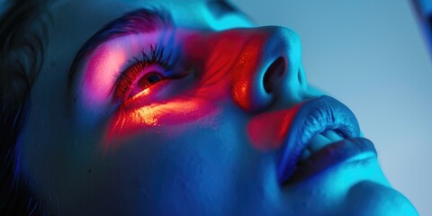 A woman experiencing a facial treatment using purple and red colored lights.