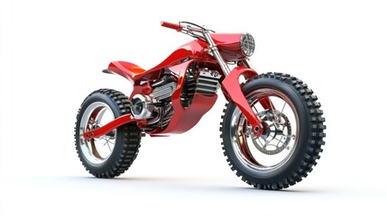 Obraz premium Red futuristic off-road motorcycle design with large tires isolated on white background.