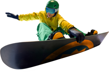 Snowboarder in vibrant yellow and green outfit maintaining balance during snowboarding session, against transparent background, representing adventure and skill. Concept of extreme sport, energy.