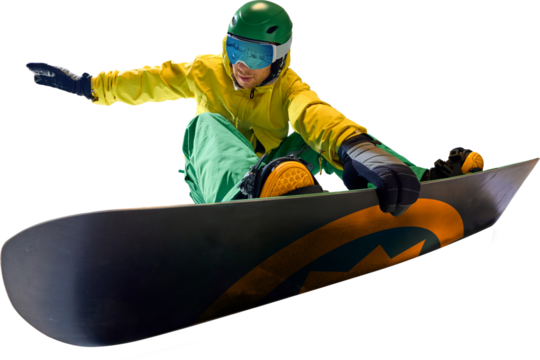 Snowboarder in vibrant yellow and green outfit maintaining balance during snowboarding session, against transparent background, representing adventure and skill. Concept of extreme sport, energy.