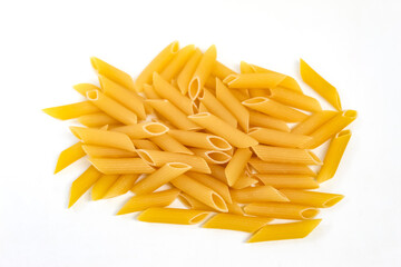 raw penne pasta isolated on white background