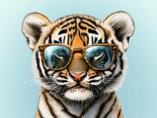Tiger wearing sunglasses and a pair of glasses. The tiger is looking at the camera. The image has a playful and fun mood