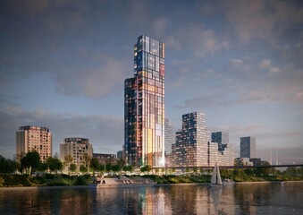 Obraz premium Realistic skyscraper building with city background. 3d illustration