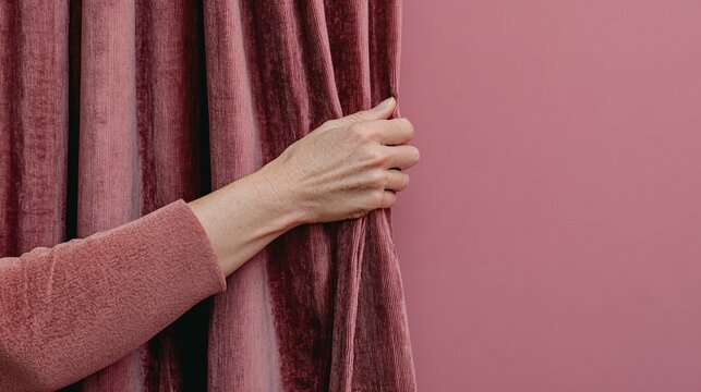Middle-Aged Hand Pulling Mauve Velvet Curtain in Soft Pink Setting