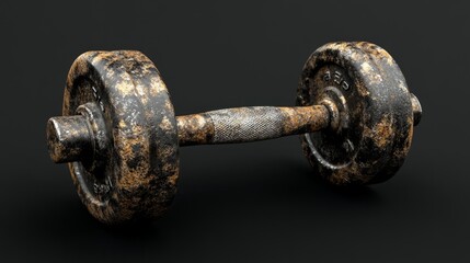 Fototapeta premium A 3D-rendered dumbbell with a rounded, textured surface, charcoal black, floating gently on a black background with subtle light