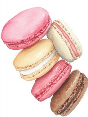 Fototapeta premium Watercolor illustration of colorful macarons in pink, yellow, cream, and chocolate shades stacked together