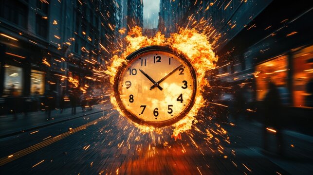 Exploding clock set against a city backdrop, conveying urgency and time running out.