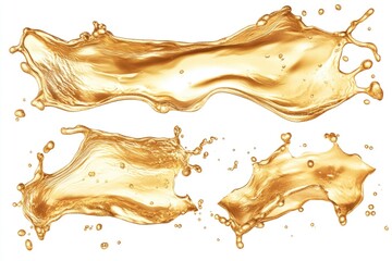 Fototapeta premium Three splashes of yellow liquid on a white background. The splashes are of different sizes and shapes, creating a dynamic and energetic composition. The yellow liquid appears to be a splash of paint