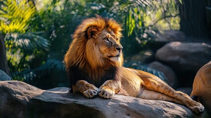 Naklejka premium Majestic lion resting on a rock, bathed in sunlight.