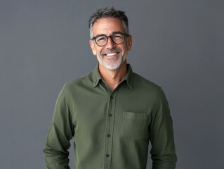 Fototapeta premium Man with glasses and a green shirt is smiling. He is wearing a green shirt and glasses
