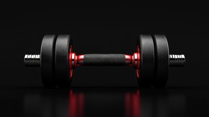 Fototapeta premium A 3D-rendered pair of black and red dumbbells with textured grips, positioned symmetrically against a pure black background