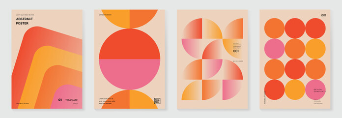 Collection of 70s color gradient poster background vector. Set of retro wall decoration, groovy, trippy, geometric shape. Vintage hippie wall art for interior, decorative, banner, cover, card.