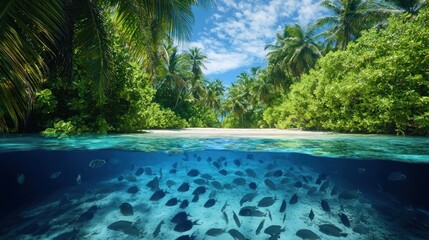 Obraz premium Tropical underwater scene with vibrant fish and lush greenery.