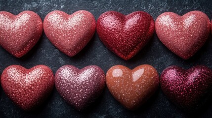 Fototapeta premium Glittery hearts arranged on dark stone, Valentine's Day, romantic backdrop, greeting card