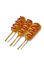 Delicious corndogs with ketchup in a row