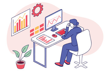 business analyst, data visualization, office workspace, computer monitor with charts, graphs, statistics, blue outfit, office chair, minimalist desk, potted plant, floating infographics, clean design,