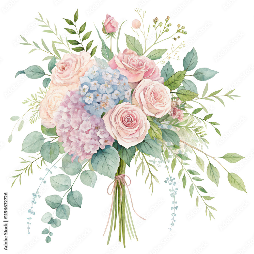 Wall mural A bouquet featuring soft pink roses, blue hydrangeas, and green foliage, arranged artistically with delicate accents.