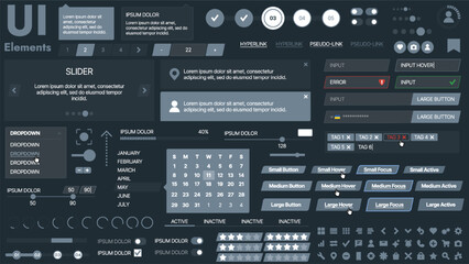 Fototapeta premium A modern UI kit featuring a collection of buttons, icons, navigation menus, and responsive design elements. Includes login forms, media players, search bars, and calendars, ideal for apps, websites