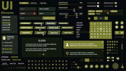 A modern UI kit featuring a collection of buttons, icons, navigation menus, and responsive design elements. Includes login forms, media players, search bars, and calendars, ideal for apps, websites