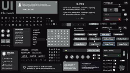 A modern UI kit featuring a collection of buttons, icons, navigation menus, and responsive design elements. Includes login forms, media players, search bars, and calendars, ideal for apps, websites