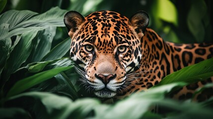 Majestic jaguar in lush green foliage