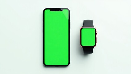 Smartphone and smartwatch with green screens displayed