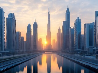 Sunrise over Dubai skyline, reflecting in canal, cityscape. Use Travel, real estate