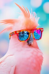 Cockatoo wearing colorful sunglasses against a vibrant background. Tropical bird with a playful expression enjoying a sunny day, perfect for nature or fashion themes.