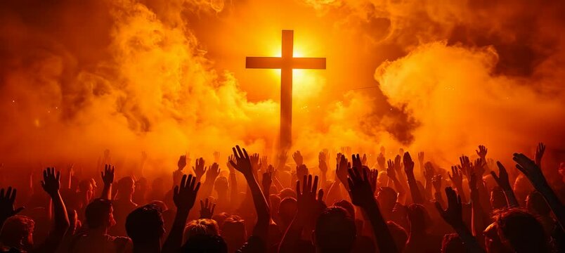 Religious Christian people pray for Jesus Christ. Religion faith worship spirituality concept. Generative video AI technology.	
