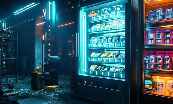 Futuristic vending machines illuminated at night in a neon-lit urban alley, showcasing various products with a tech ambiance