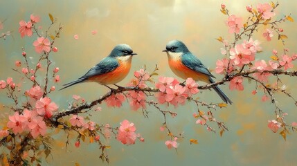 Fototapeta premium Two birds perched on blossoming branch, spring garden, pastel background, romantic art print