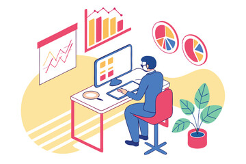 business analyst, data visualization, office workspace, computer monitor with charts, graphs, statistics, blue outfit, office chair, minimalist desk, potted plant, floating infographics, clean design,