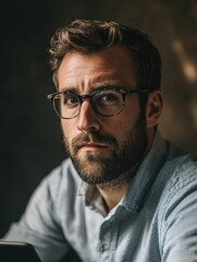 Man with glasses is sitting in a blue shirt. He has a beard and is looking at the camera