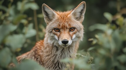 Naklejka premium Red fox peering through foliage.
