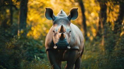 Fototapeta premium Majestic rhino in a sun-dappled forest.