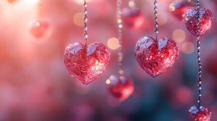 Fototapeta premium Crystal hearts hanging outdoors, sunset bokeh, romantic decor