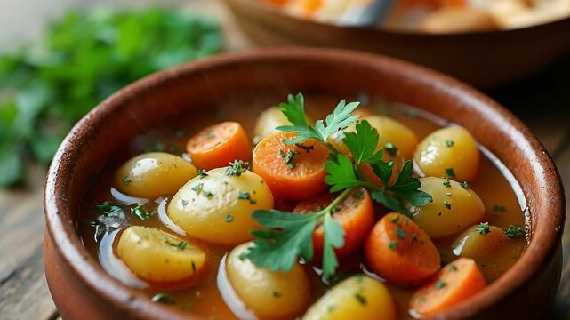 Guiso de papas y zanahorias en caldo con perejil fresco