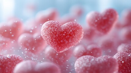 Fototapeta premium Sugary heart candies levitate, Valentine's bokeh background, romantic