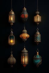 Obraz premium A collection of ornate Islamic lanterns glows softly, showcasing intricate metalwork and jewel tones, creating an elegant ambiance ideal for celebrations