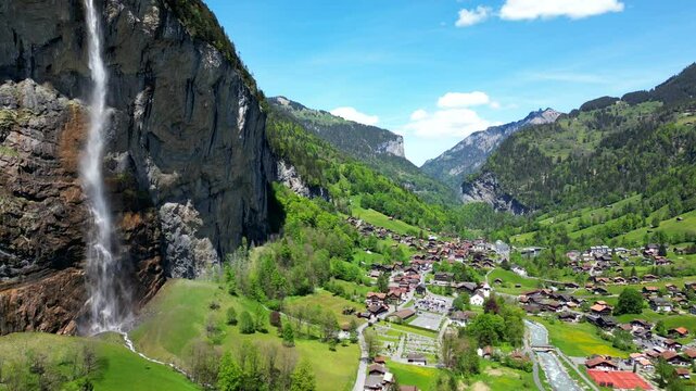 Descending aerial view of Lauterbrunnen and the Staubbachfall waterfalls and river.
Lauterbrunnen, Switzerland.