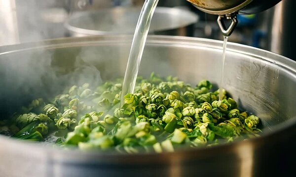 Fresh green hops being poured into a large pot, steaming in a brewery, showcasing the brewing process