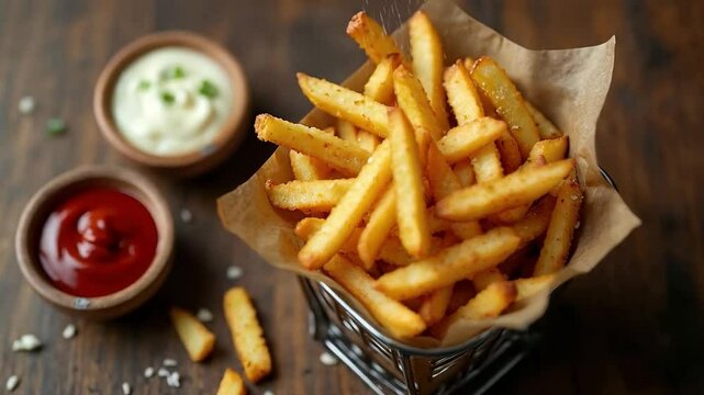 Papas fritas doradas con salsas