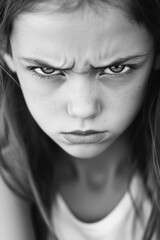 Fototapeta premium Portrait of a young girl with a sad face, wearing headphones and looking angry.