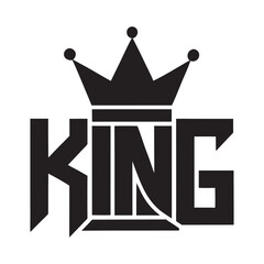 Powerful King Crown Logo Design,  King Black text and gold crown isolated on white background. Can be used for printable souvenirs ( t-shirt, pillow, magnet, mug, cup). Icon of wedding invitation.