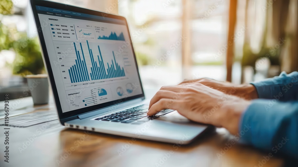 Poster analyzing business data insights: a person working on a laptop with graphs and charts displayed