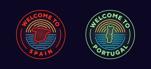 Spain, Portugal travel logo. Neon style, editable stroke. Thin vector icon set