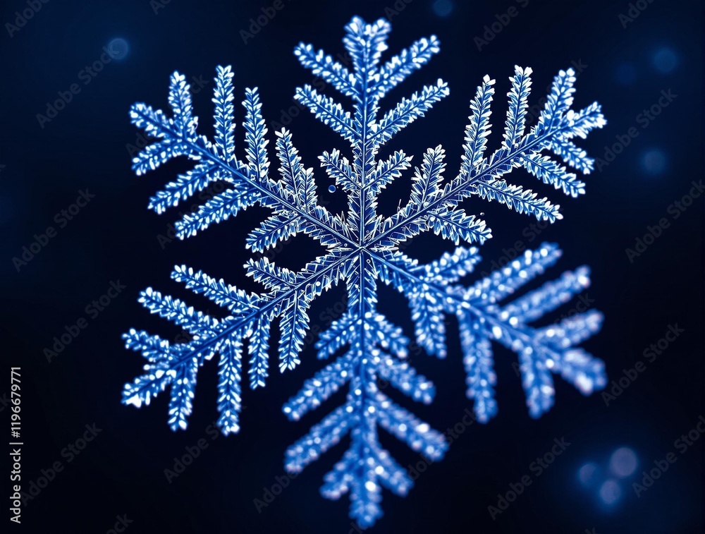Aufkleber close-up of a single snowflake on a dark background. The snowflake is blue and crystalline, with intricate patterns and branches.