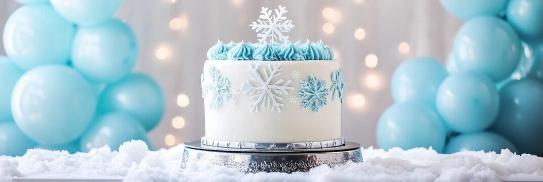 Snowy Winter Cake with Blue Accents and Snowflake Decorations