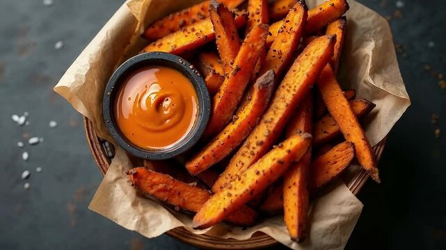 Papas fritas de camote con salsa picante